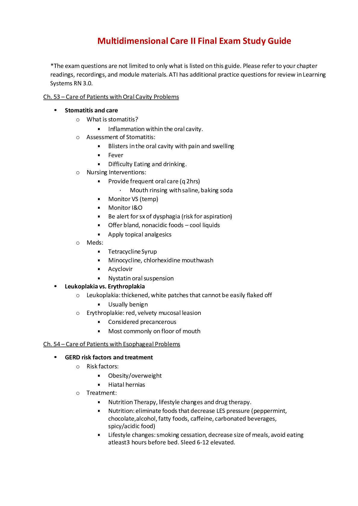 Preview image of NUR 2392 Multidimensional Care II - Final Exam Study Guide document